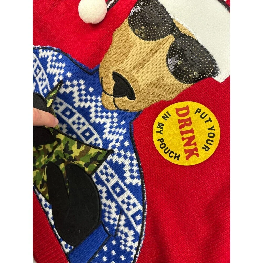 Jolly Sweaters Christmas Sweater‎ Deer Drink Pouch Camo Red Fair Isle Blue Large
